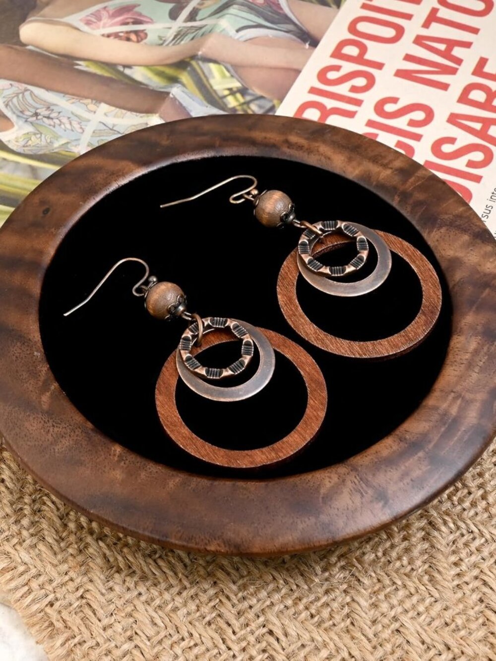 Boho Wooden Earrings For Women With Copper And Wood Circle Dangle Lightweight Ge View 6